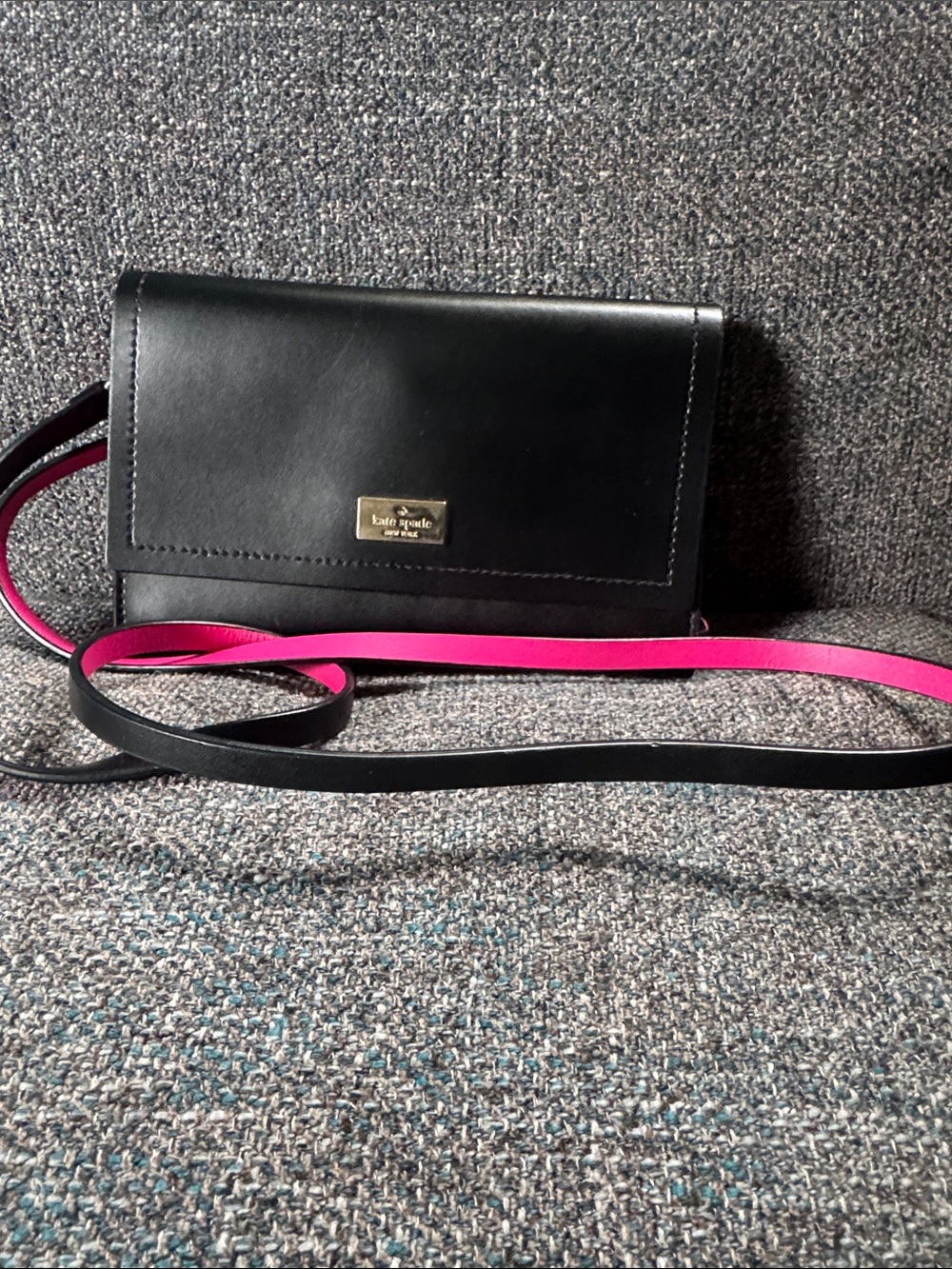 kate spade Black Leather Crossbody with Pink-Trim Strap